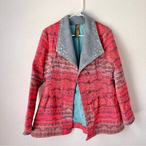 Anthro Aratta Silent Journey Pink Embroidered Geometric Peplum Jacket Sz M